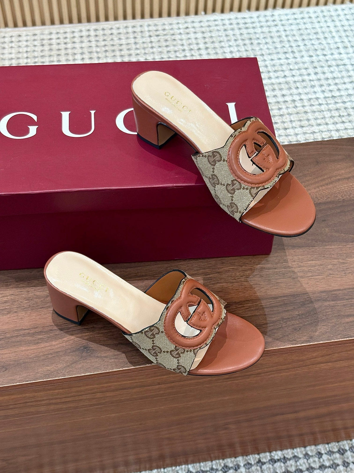 GG Interlocking G Cutout Sandals 5.5cm Brown Beige Sheepskin Canvas 646501