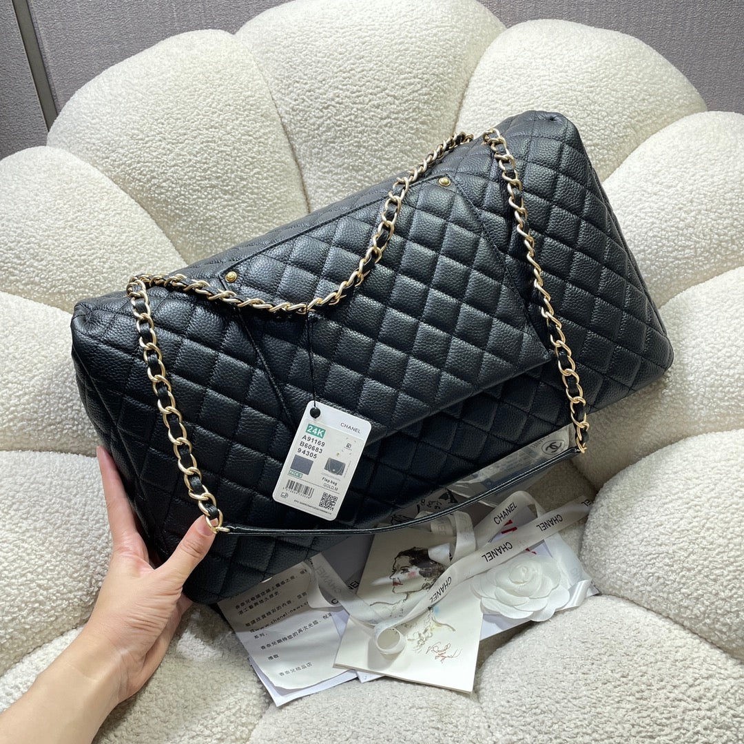 Chanel 26s Flap Bag 46 In Black Caviar Calfskin With Gold Hardware