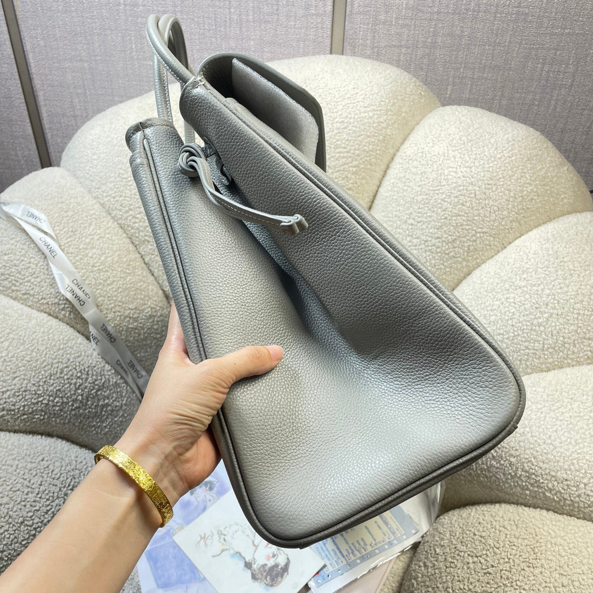 CC 26s Large Tote Bag Light Grey Grained Calfskin