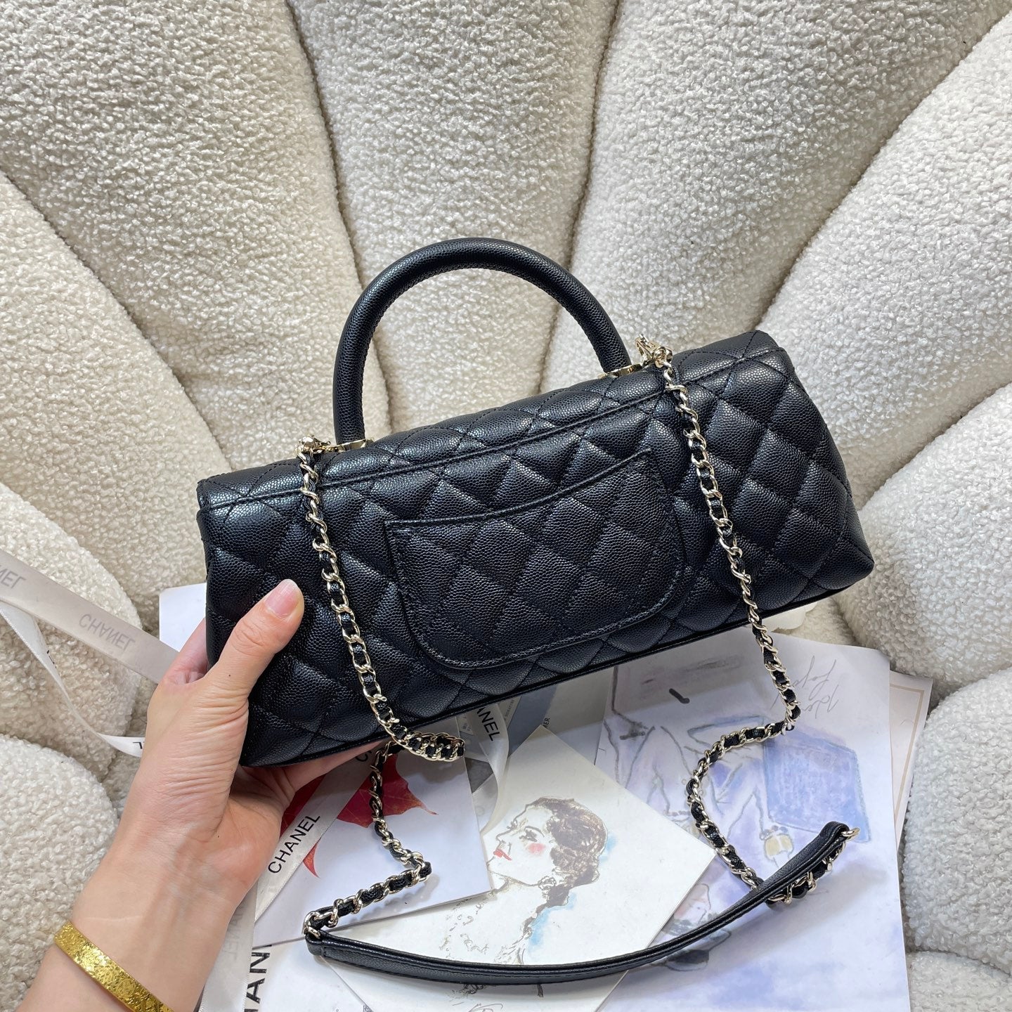CC Maxi Flap Bag with Top Handle 31.5cm Black Quited Caviar Leather