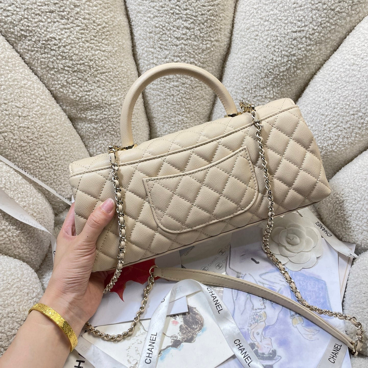 CC Maxi Flap Bag with Top Handle 31.5cm Light Beige Quited Caviar Leather