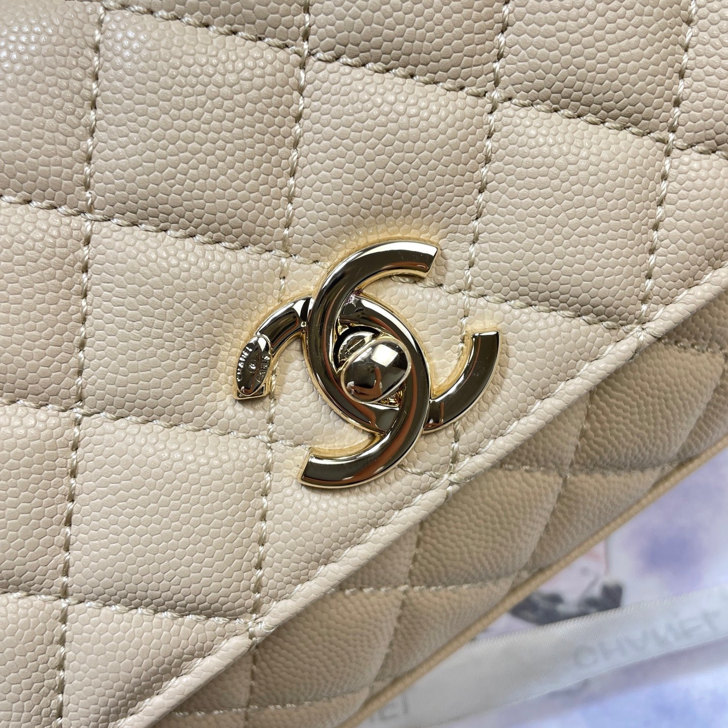 CC Maxi Flap Bag with Top Handle 31.5cm Light Beige Quited Caviar Leather
