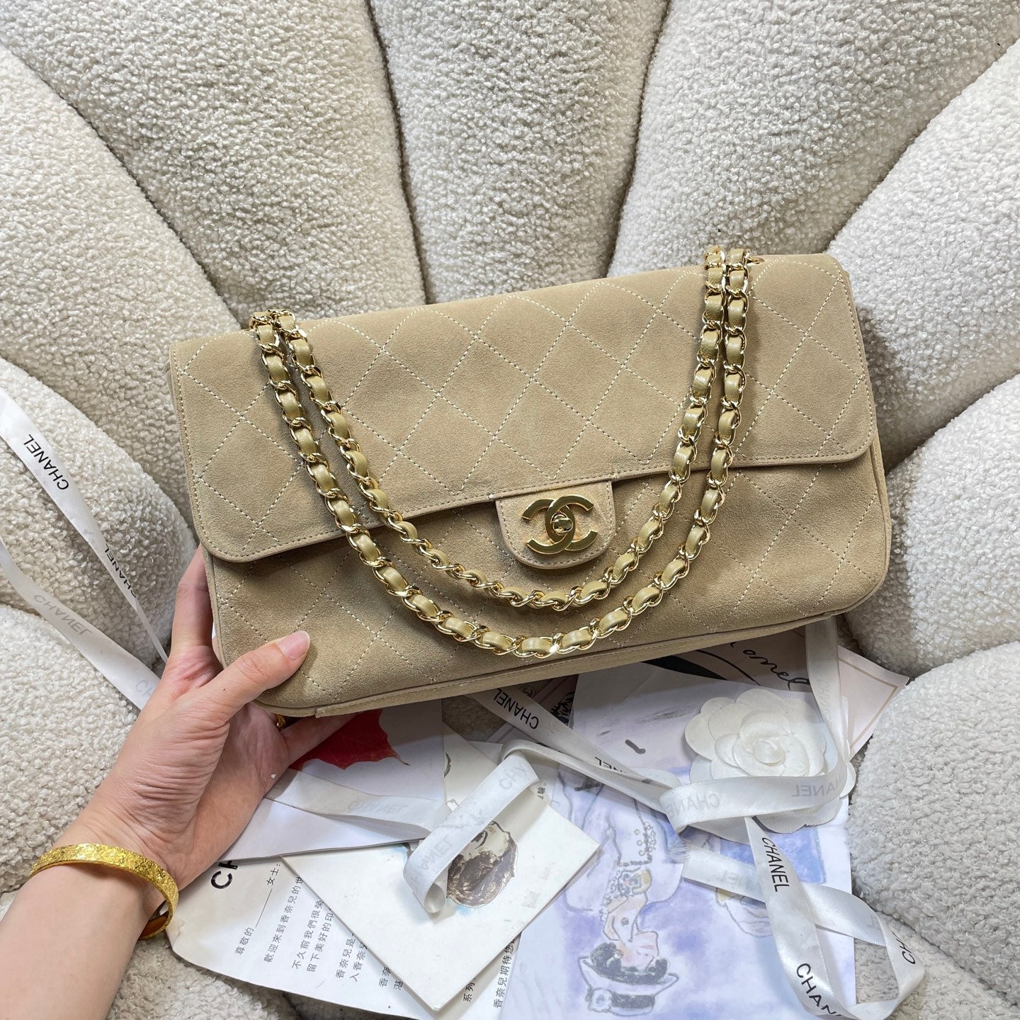 CC Shopping Tote Bag 33cm Khahi Quilted Suede