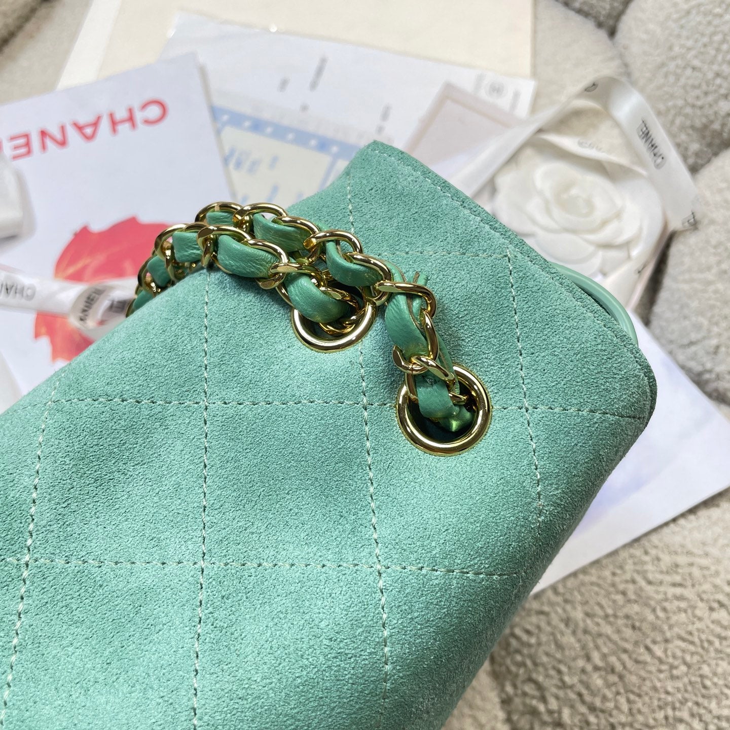 CC Shopping Tote Bag 33cm Seafoam Green Quilted Suede