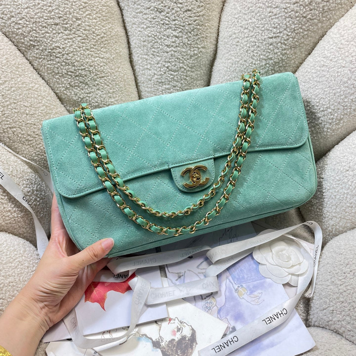 CC Shopping Tote Bag 33cm Seafoam Green Quilted Suede