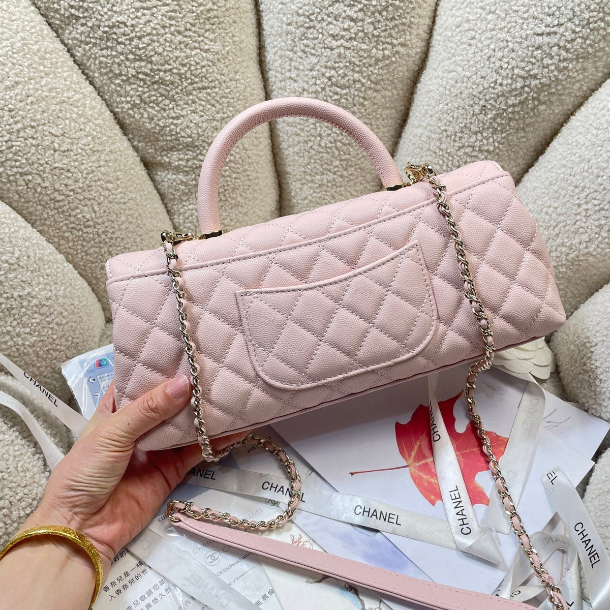 CC Maxi Flap Bag with Top Handle 31.5cm Light Pink Quited Caviar Leather