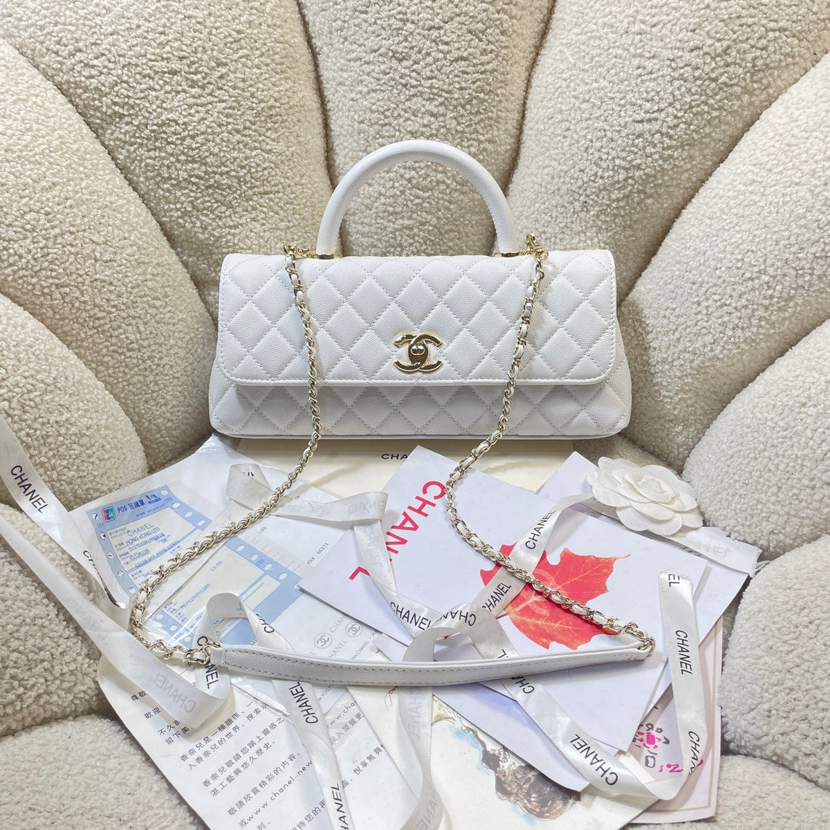 CC Maxi Flap Bag with Top Handle 31.5cm White Quited Caviar Leather