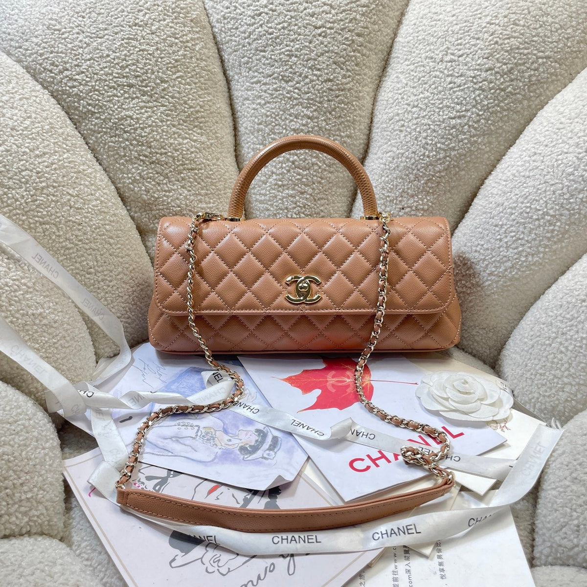 CC Maxi Flap Bag with Top Handle 31.5cm Tan Quited Caviar Leather