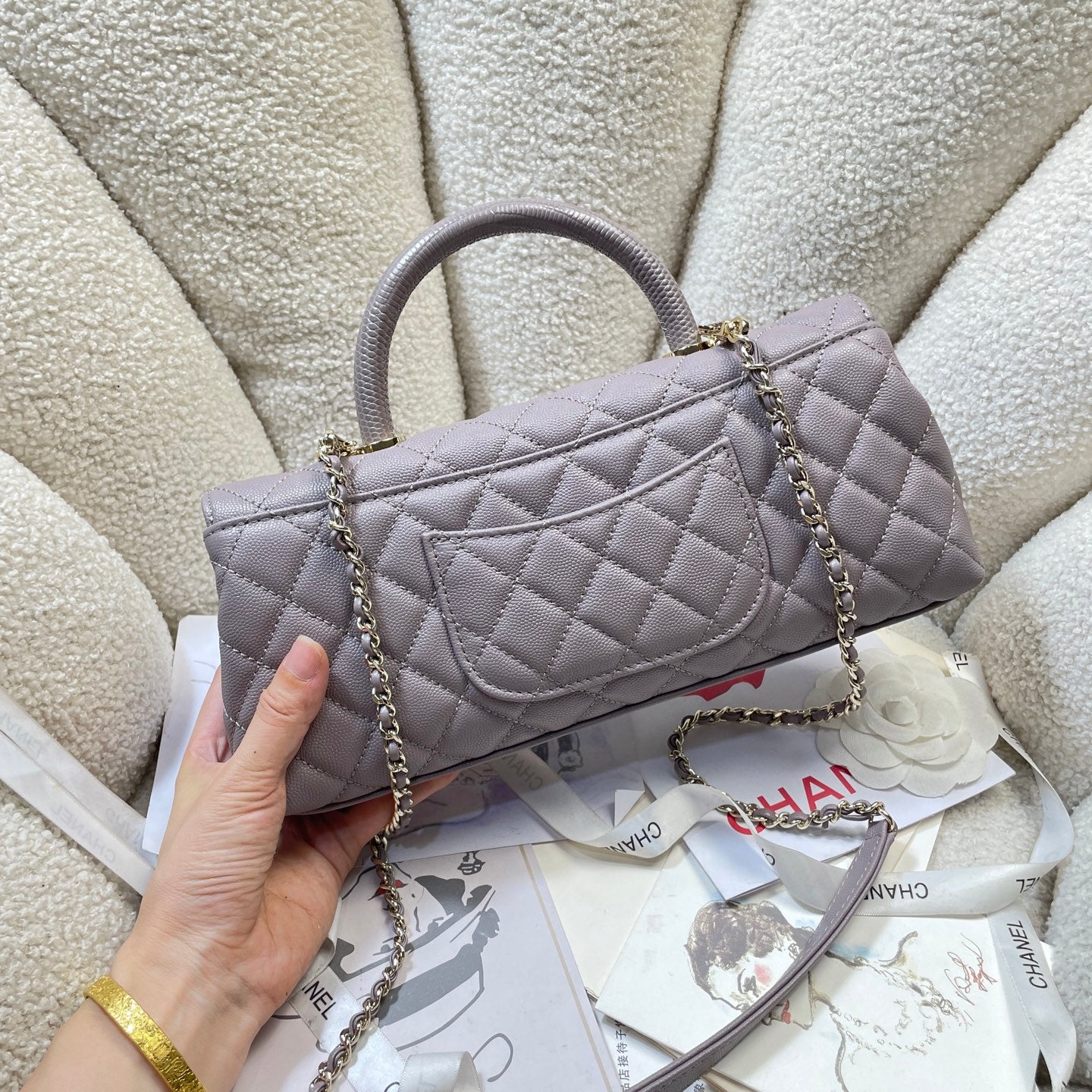 CC Maxi Flap Bag with Top Handle 31.5cm Light Slate Gray Quited Caviar Leather