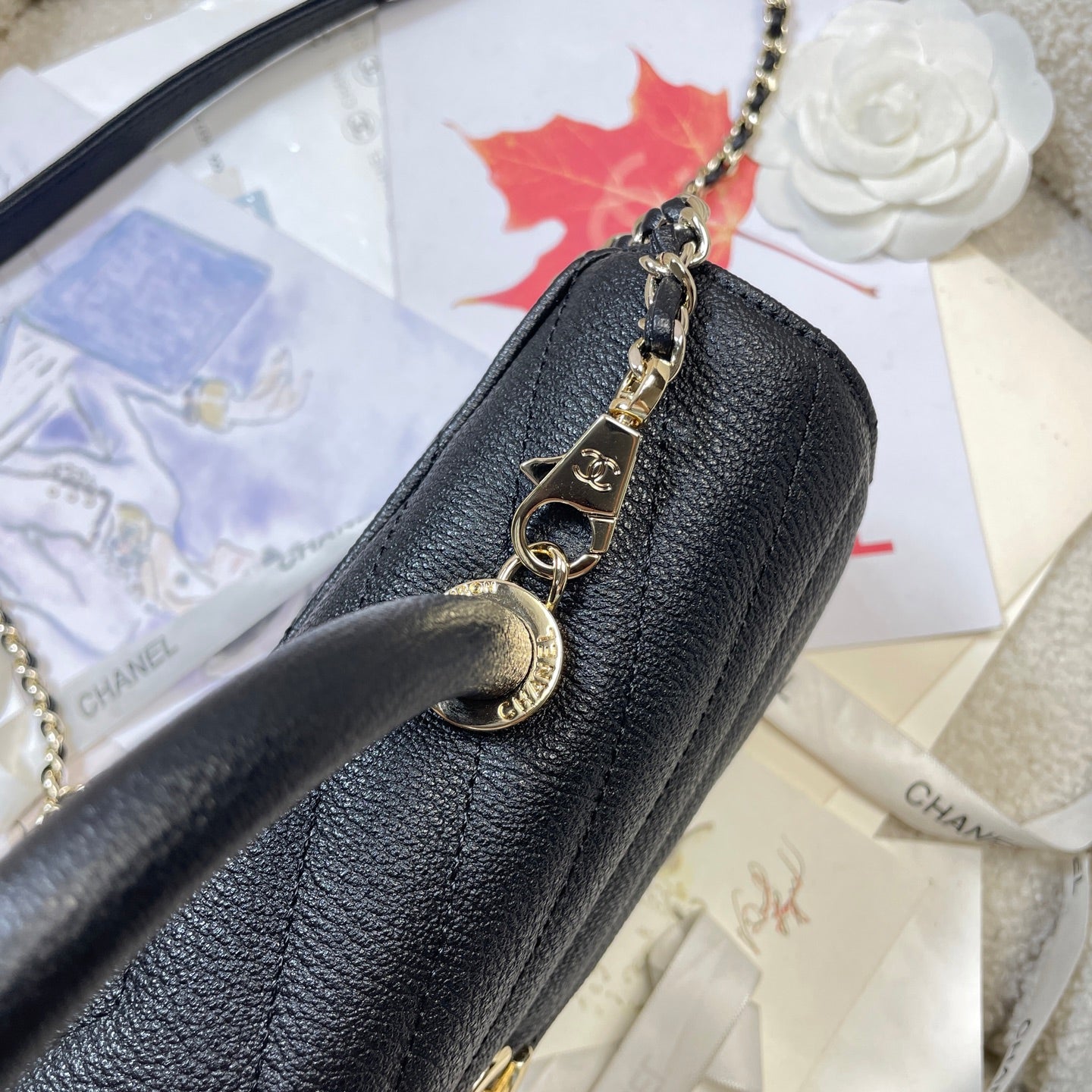 CC Maxi Flap Bag with Top Handle 31.5cm Black Goatskin