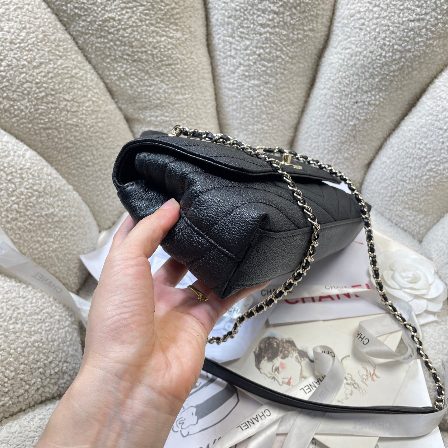 CC Maxi Flap Bag with Top Handle 31.5cm Black Goatskin