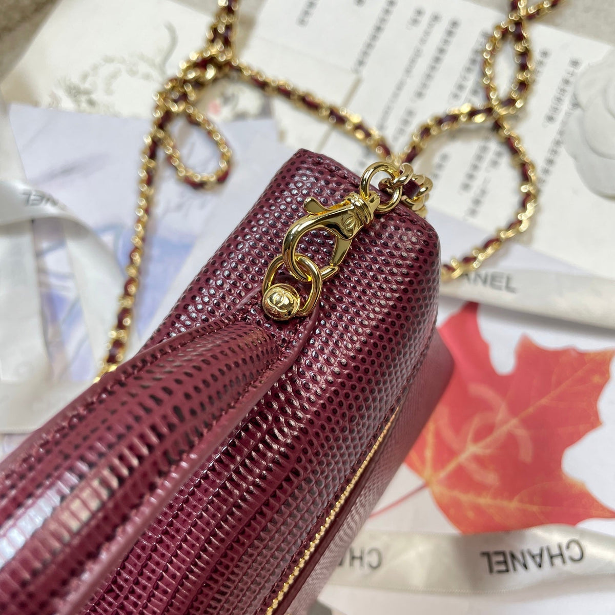 Chanel 2026 Vanity Bag 19.5cm Burgundy Cowhide With Lizard Embossing