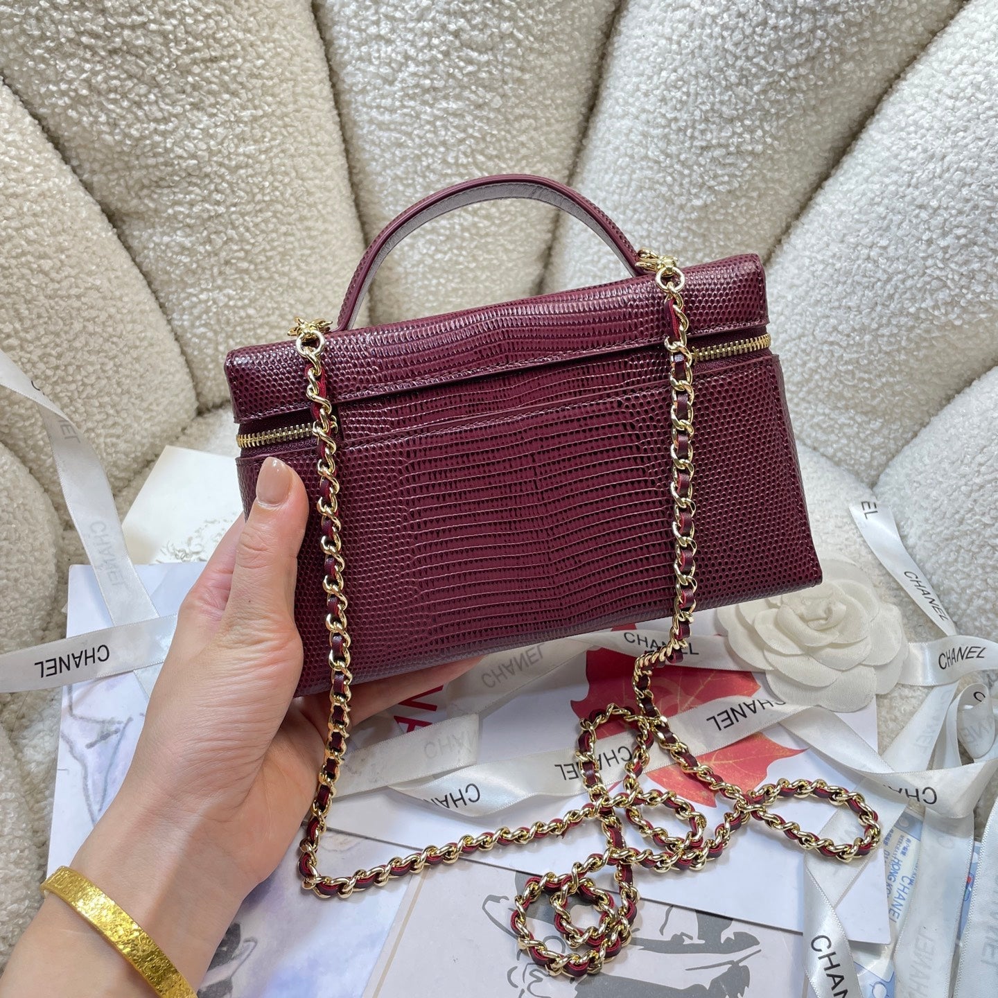 Chanel 2026 Vanity Bag 19.5cm Burgundy Cowhide With Lizard Embossing