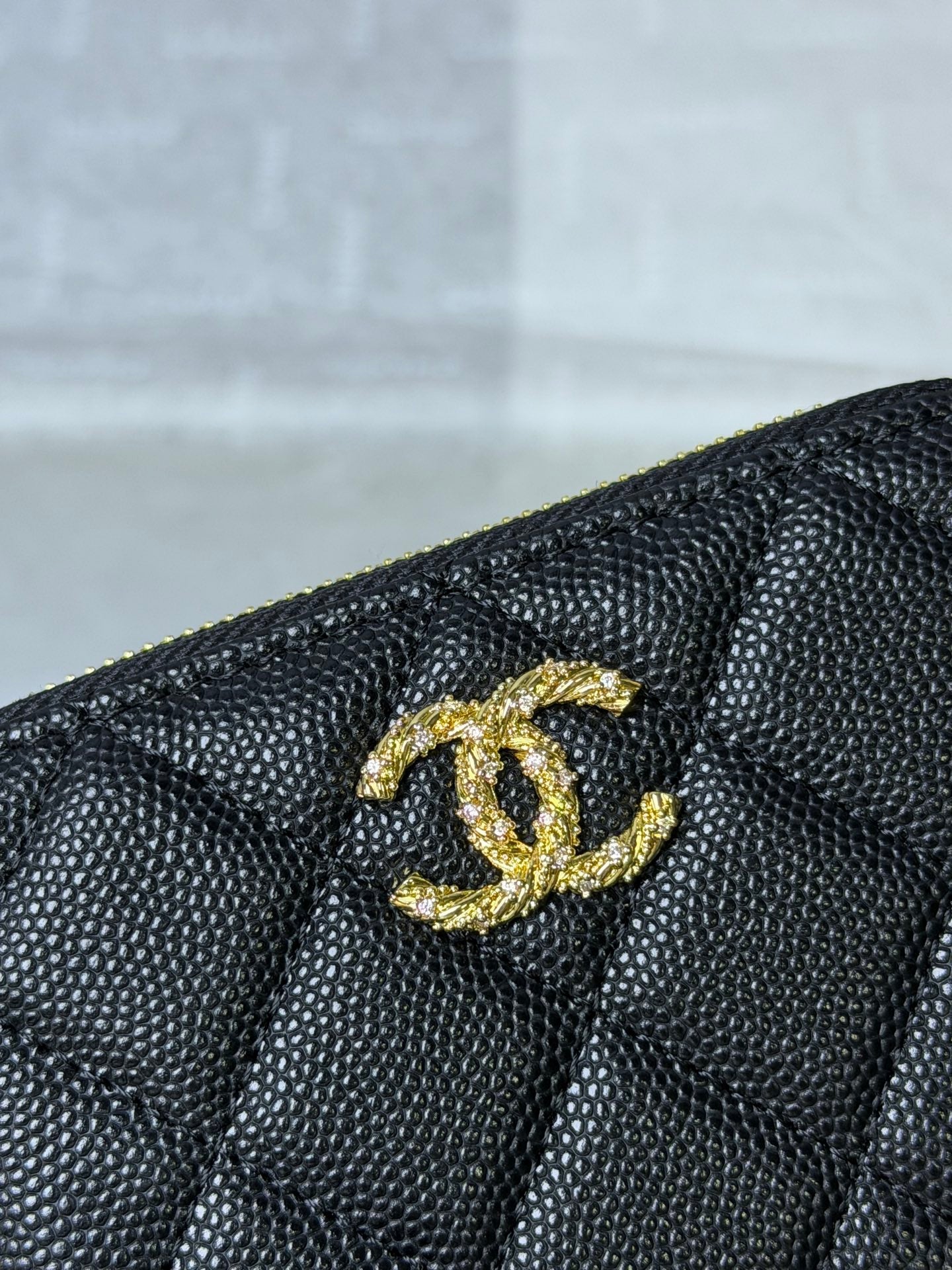 CC 26P Zipper Card Holder Black Quited Caviar Leather