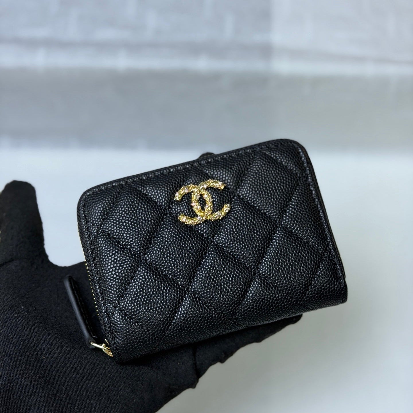 CC 26P Zipper Card Holder Black Quited Caviar Leather