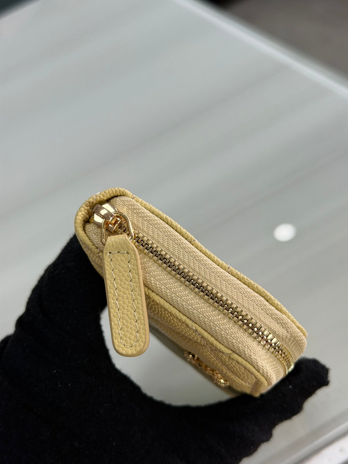 CC 26P Zipper Card Holder Yellow Quited Caviar Leather