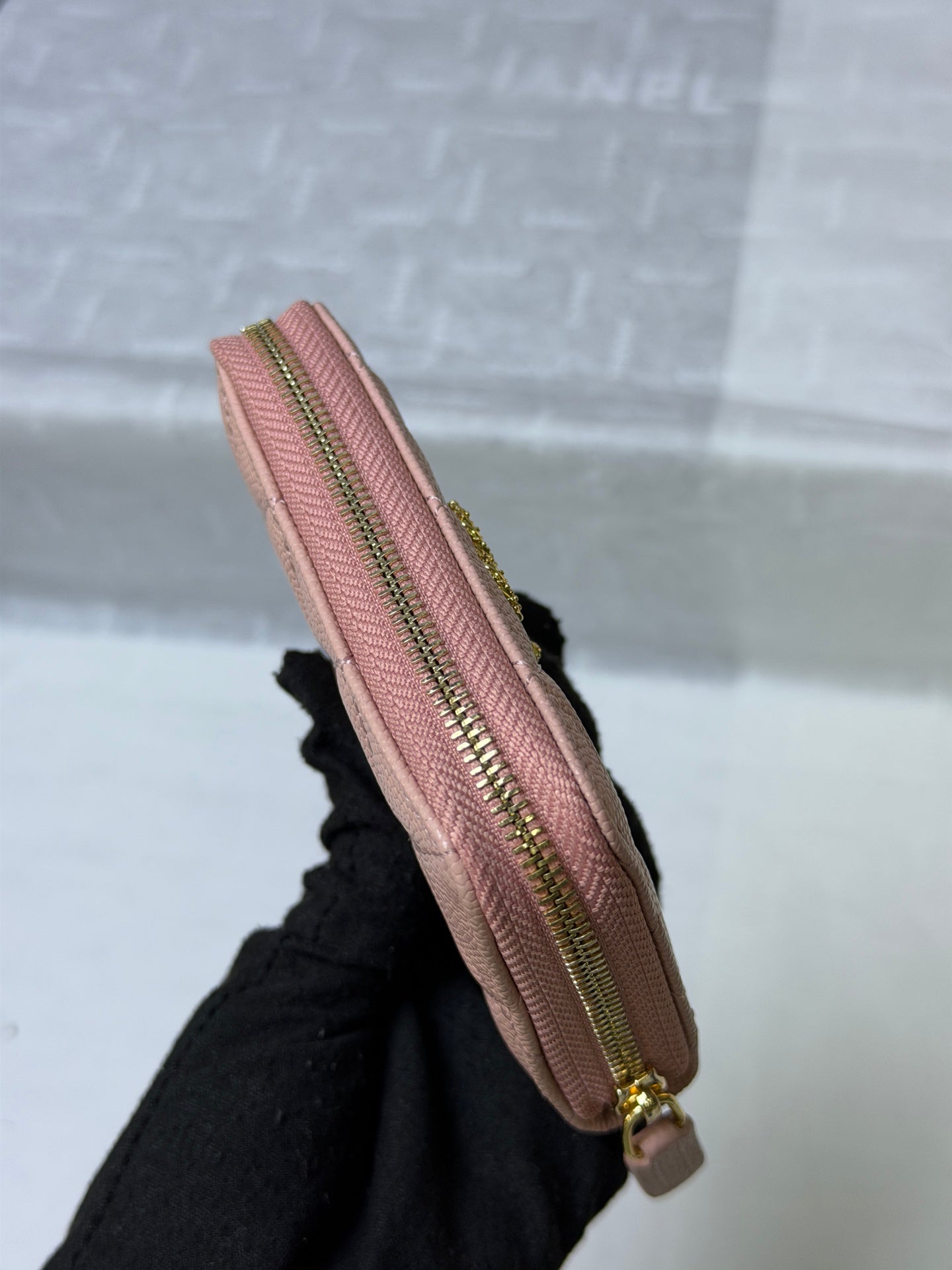 CC 26P Zipper Card Holder Light Pink Quited Caviar Leather