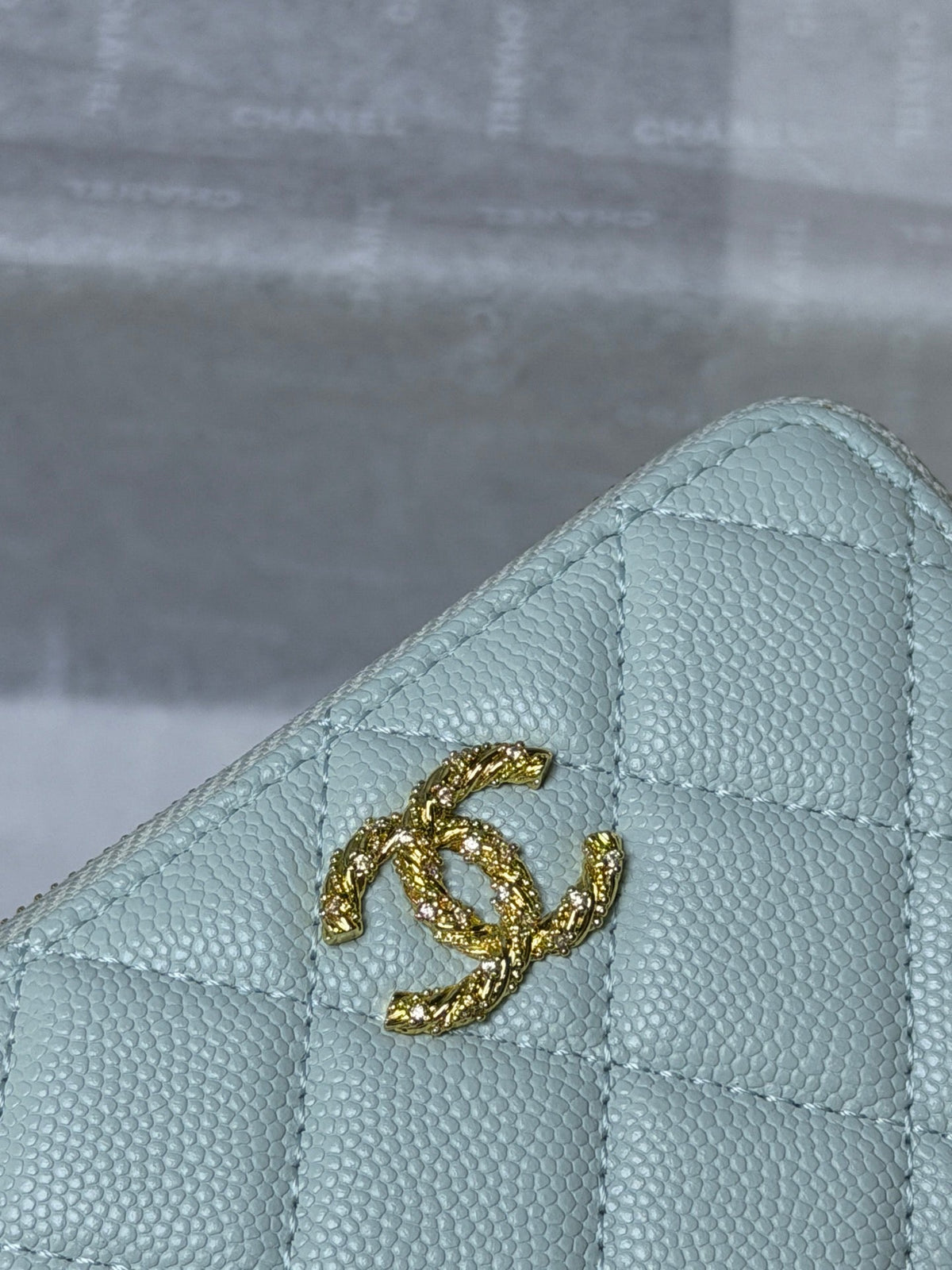 CC 26P Zipper Card Holder Light Blue Quited Caviar Leather
