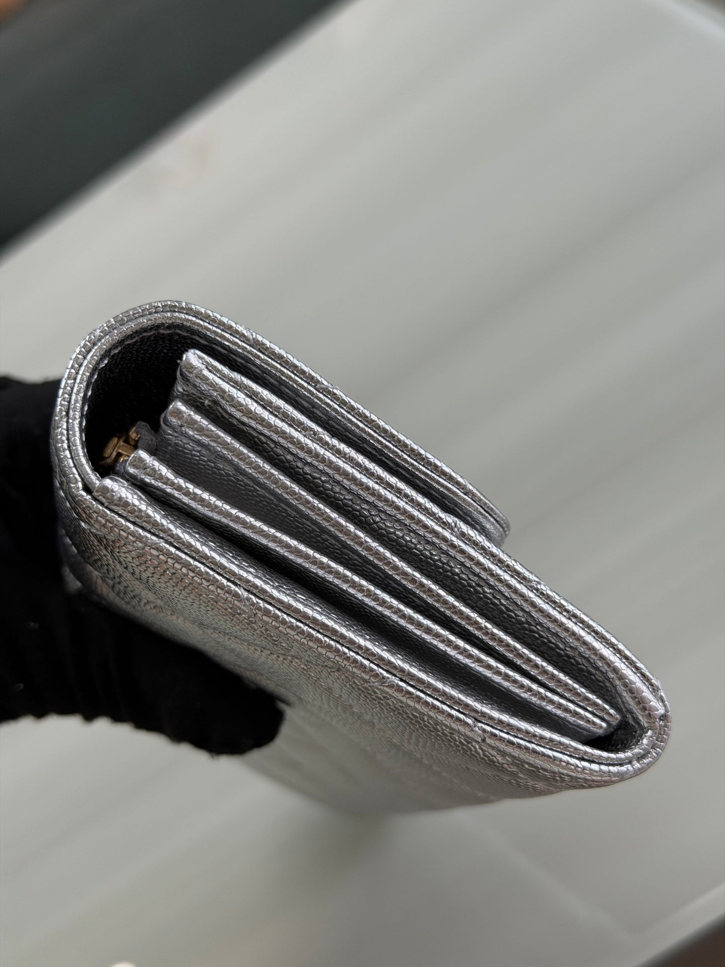 CC 26P Long Flip Wallet Sliver Quited Caviar Leather