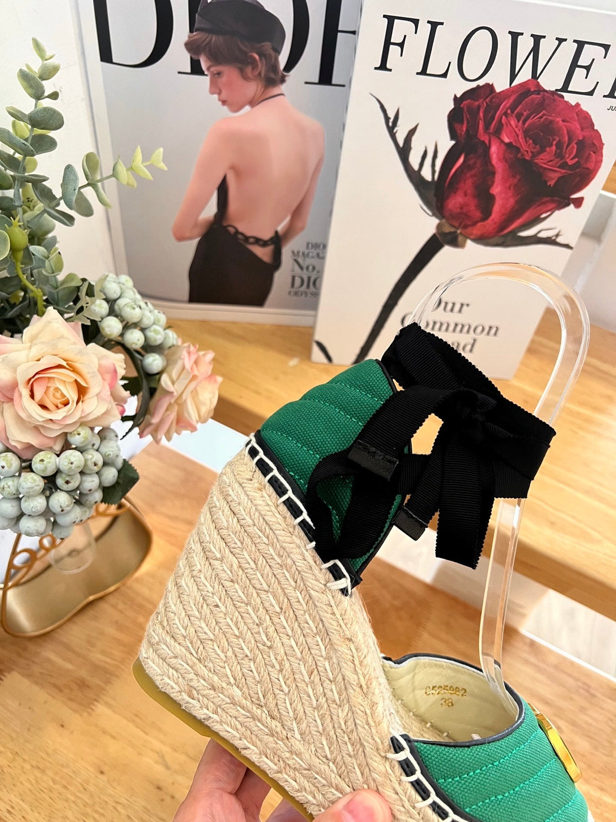 GG 26ss Platform Wedge Sandals 10cm Green Straw Canvas 692207