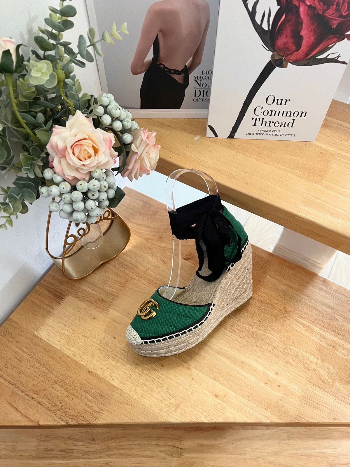 GG 26ss Platform Wedge Sandals 10cm Green Straw Canvas 692207