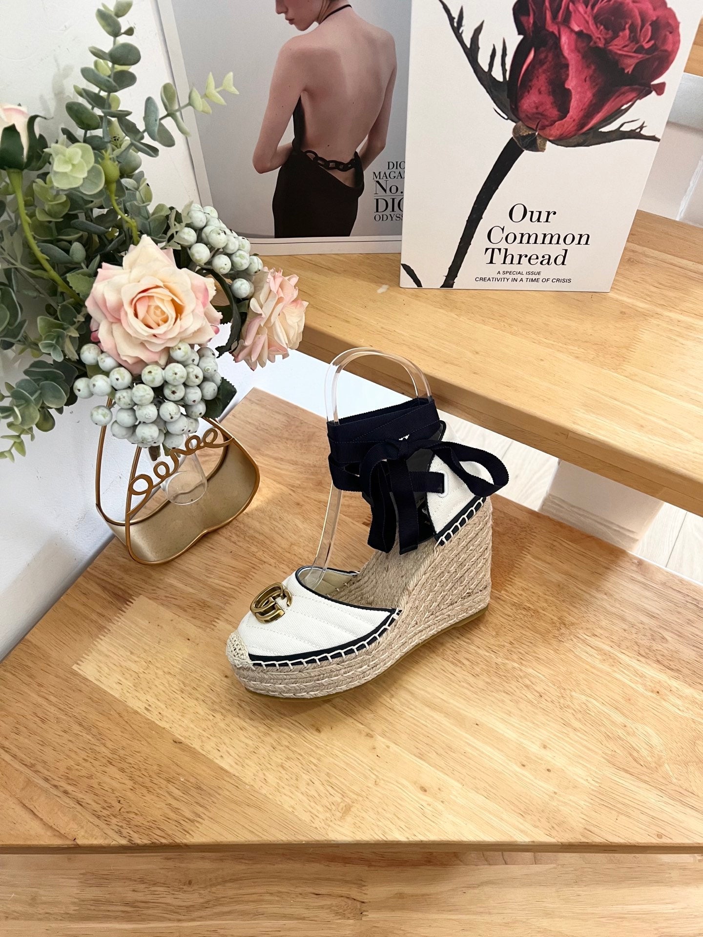 GG 26ss Platform Wedge Sandals 10cm White Straw Canvas 692208