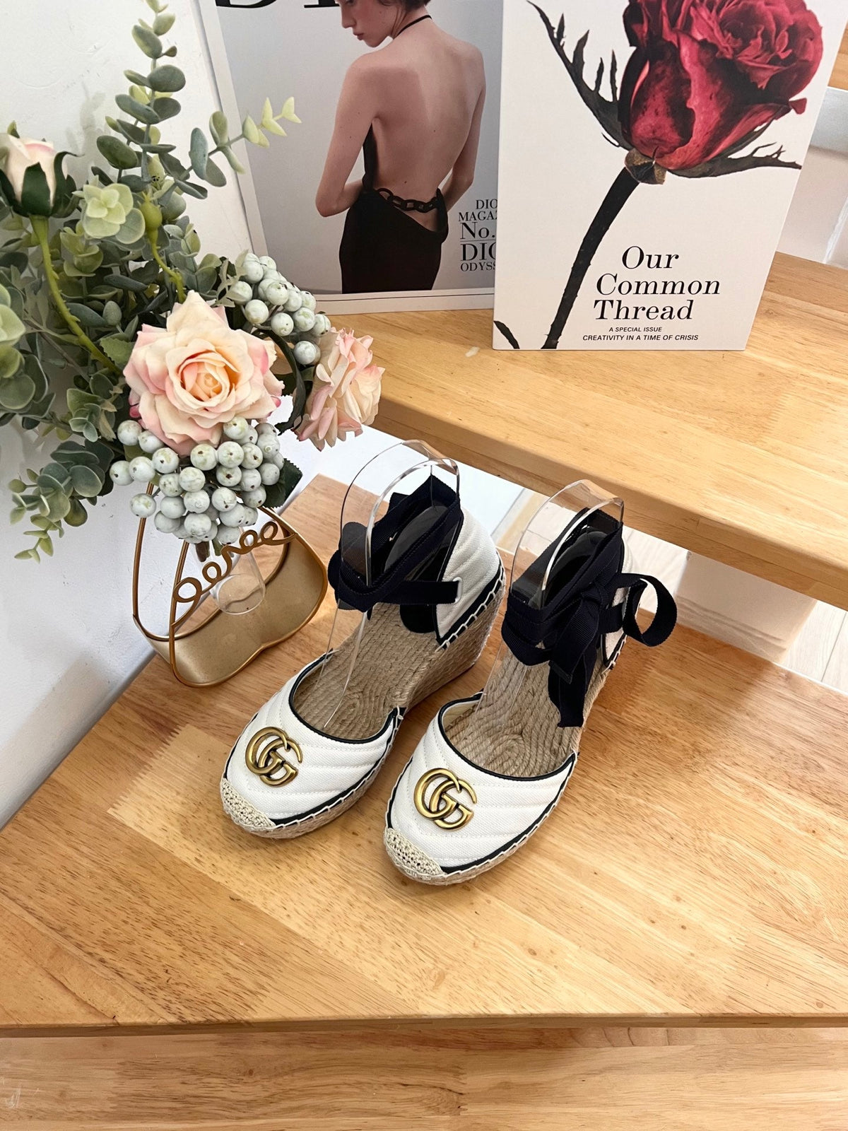 GG 26ss Platform Wedge Sandals 10cm White Straw Canvas 692208