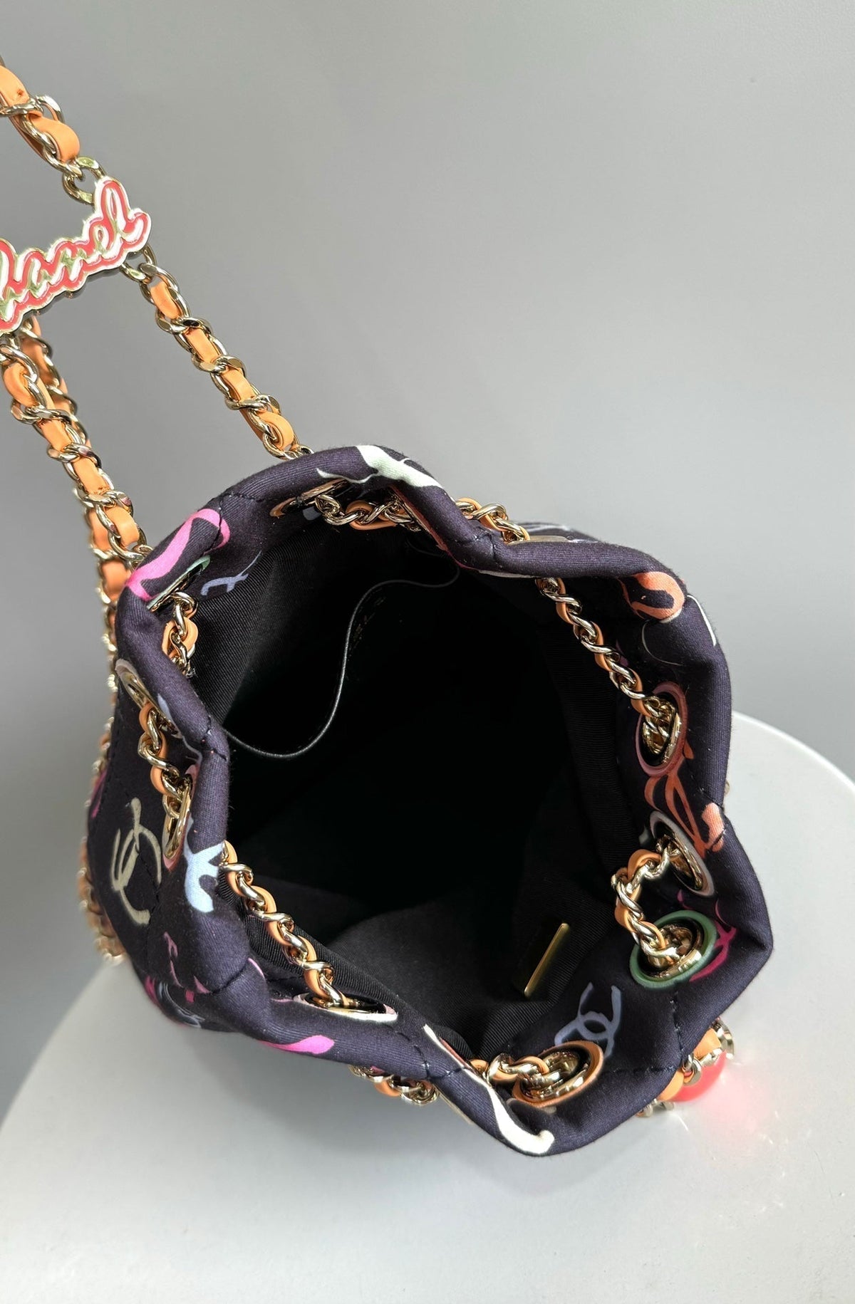 CC BACKPACK 22CM BLACK & MANY OTHER COLORS PRINTED FABRIC GOLD HARDWARE