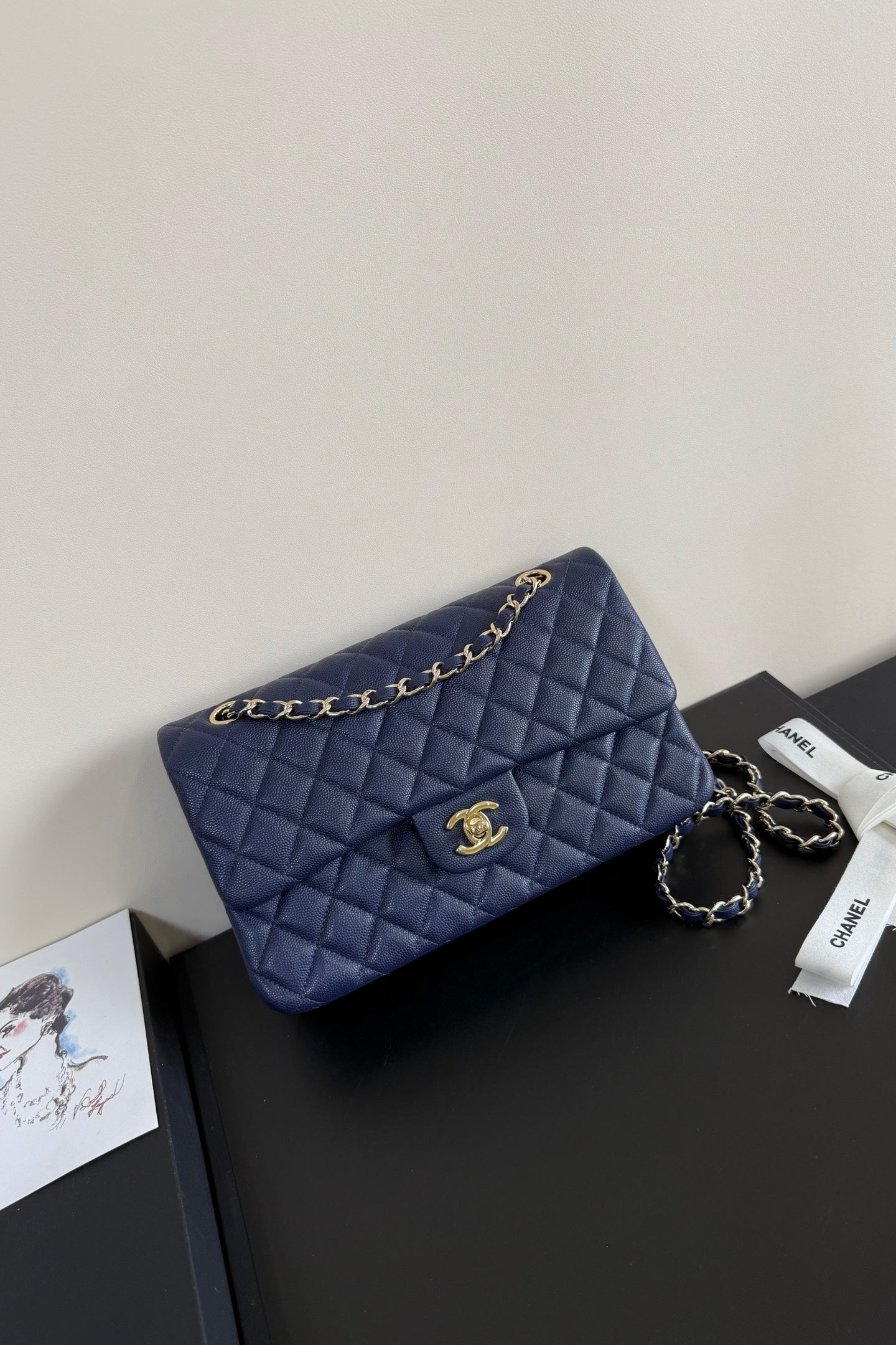CC Classic Double Flap Bag 25cm Navy Blue Caviar Leather