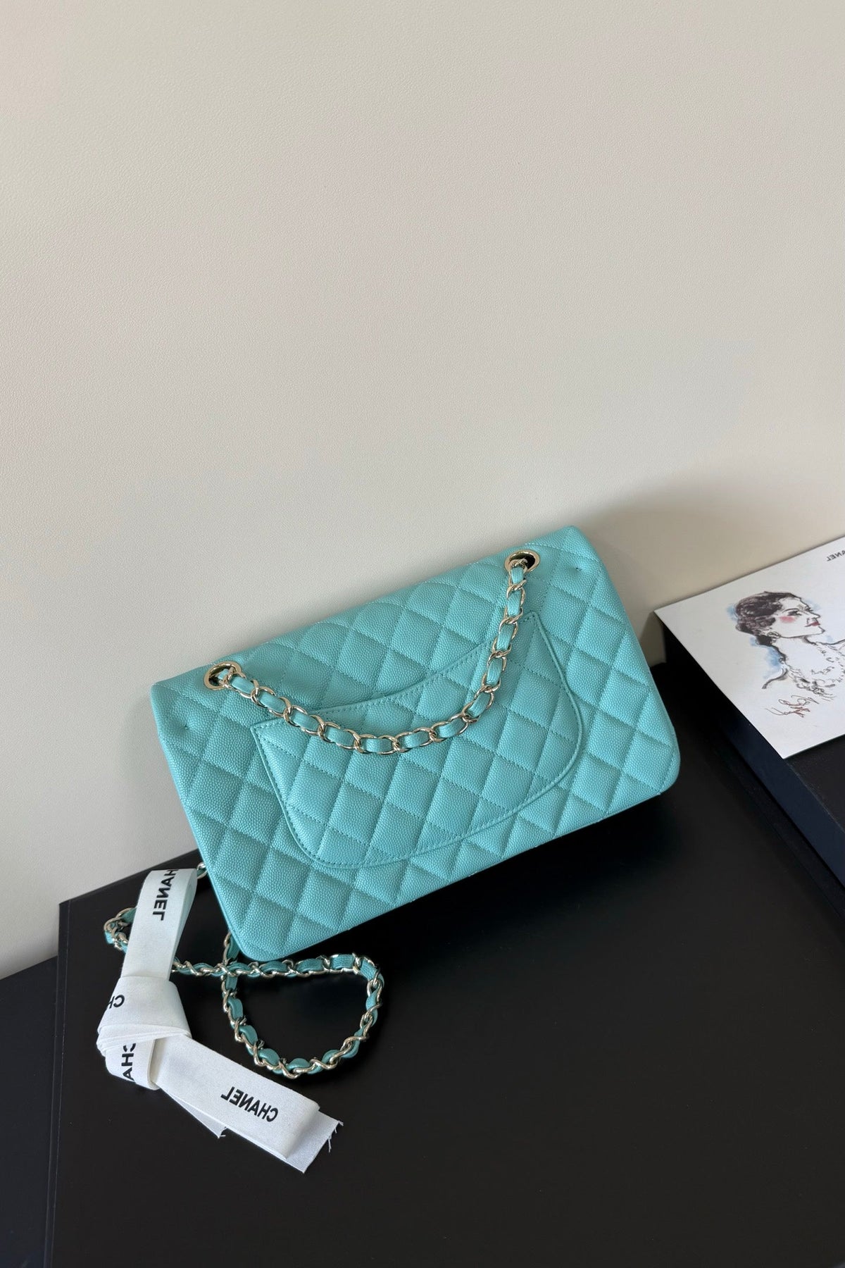 CC Classic Double Flap Bag 25cm Sky Blue Caviar Leather