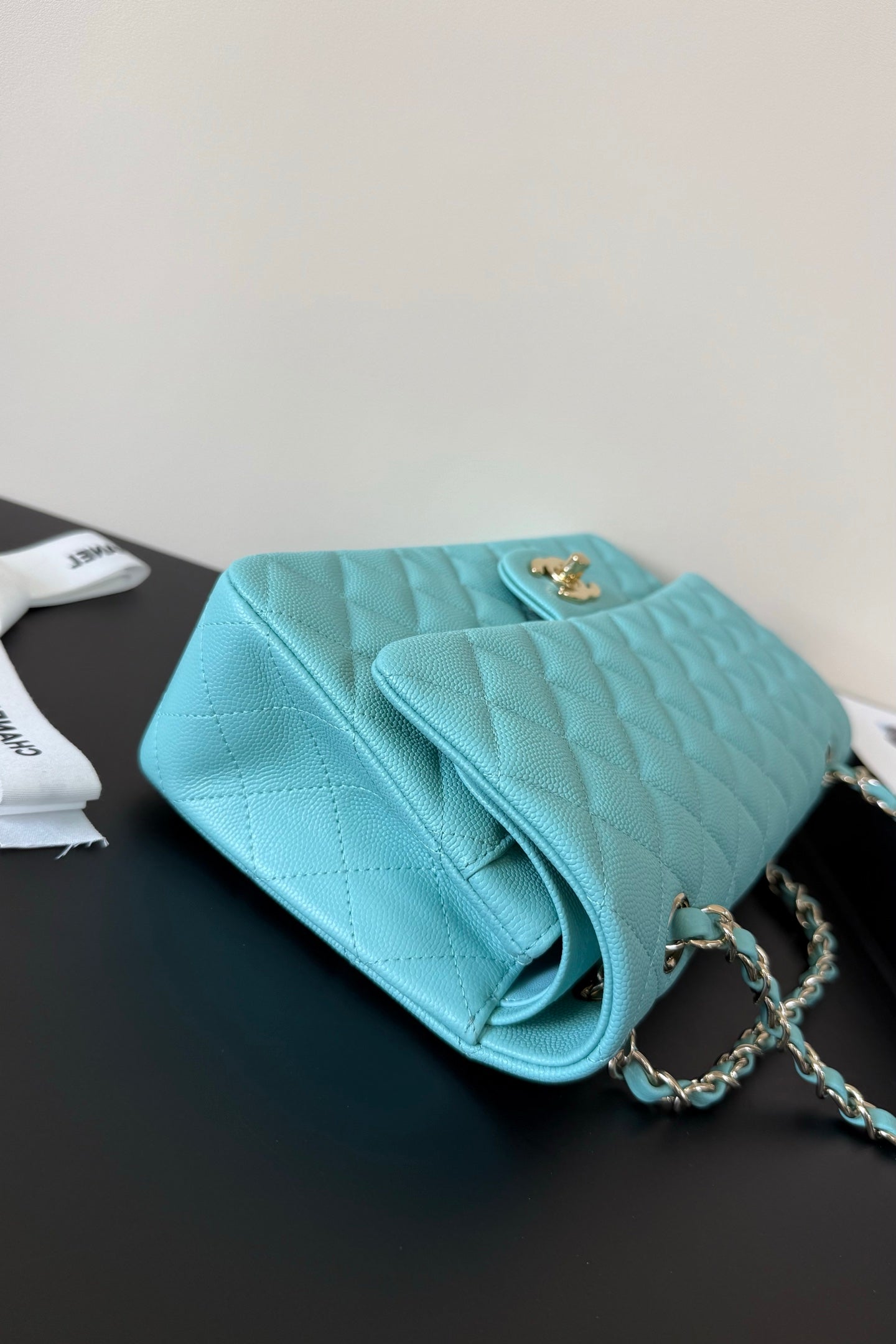 CC Classic Double Flap Bag 25cm Sky Blue Caviar Leather