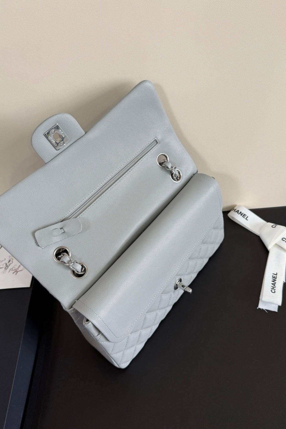 CC Classic Double Flap Bag 25cm Light Grey Caviar Leather