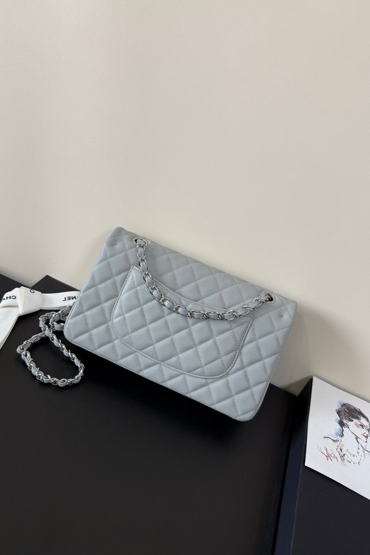 CC Classic Double Flap Bag 25cm Light Grey Caviar Leather