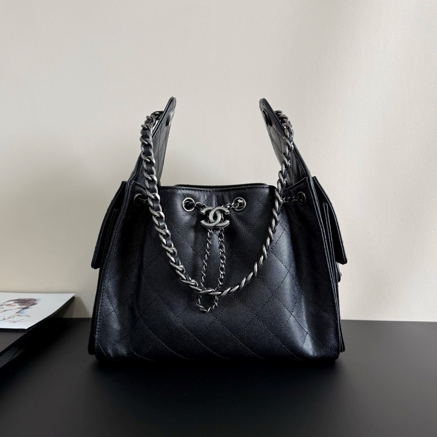 CC 25 Hobo Bag Black Grained Calfskin Leather SHW 282516