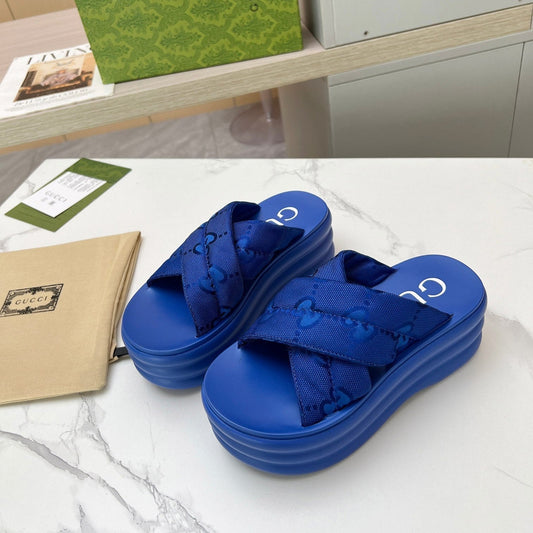 GG waterproof platform slippers blue fabric