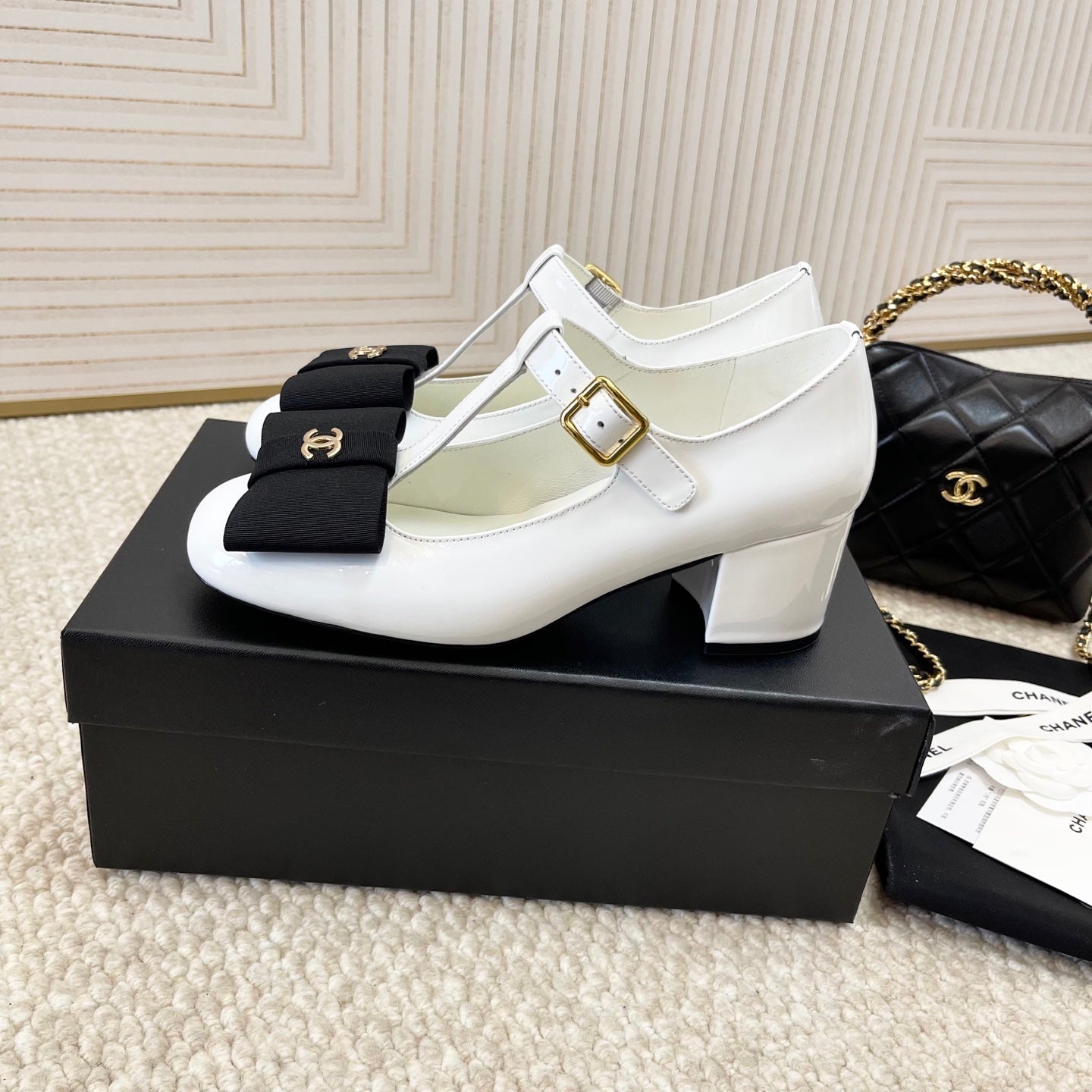 CC 26s Bow Mary Jane Chunky Heel 6cm White Glossy Leather 787147