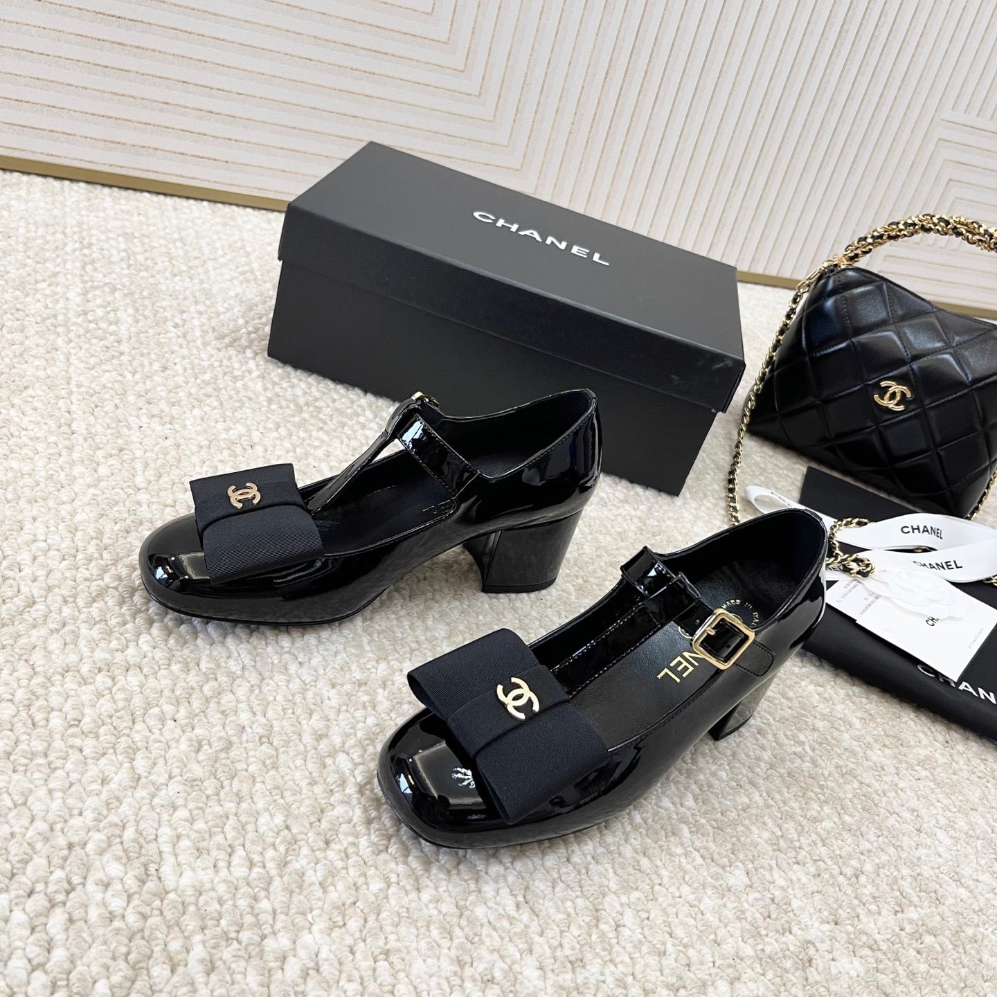 CC 26s Bow Mary Jane Chunky Heel 6cm Black Glossy Leather 787146