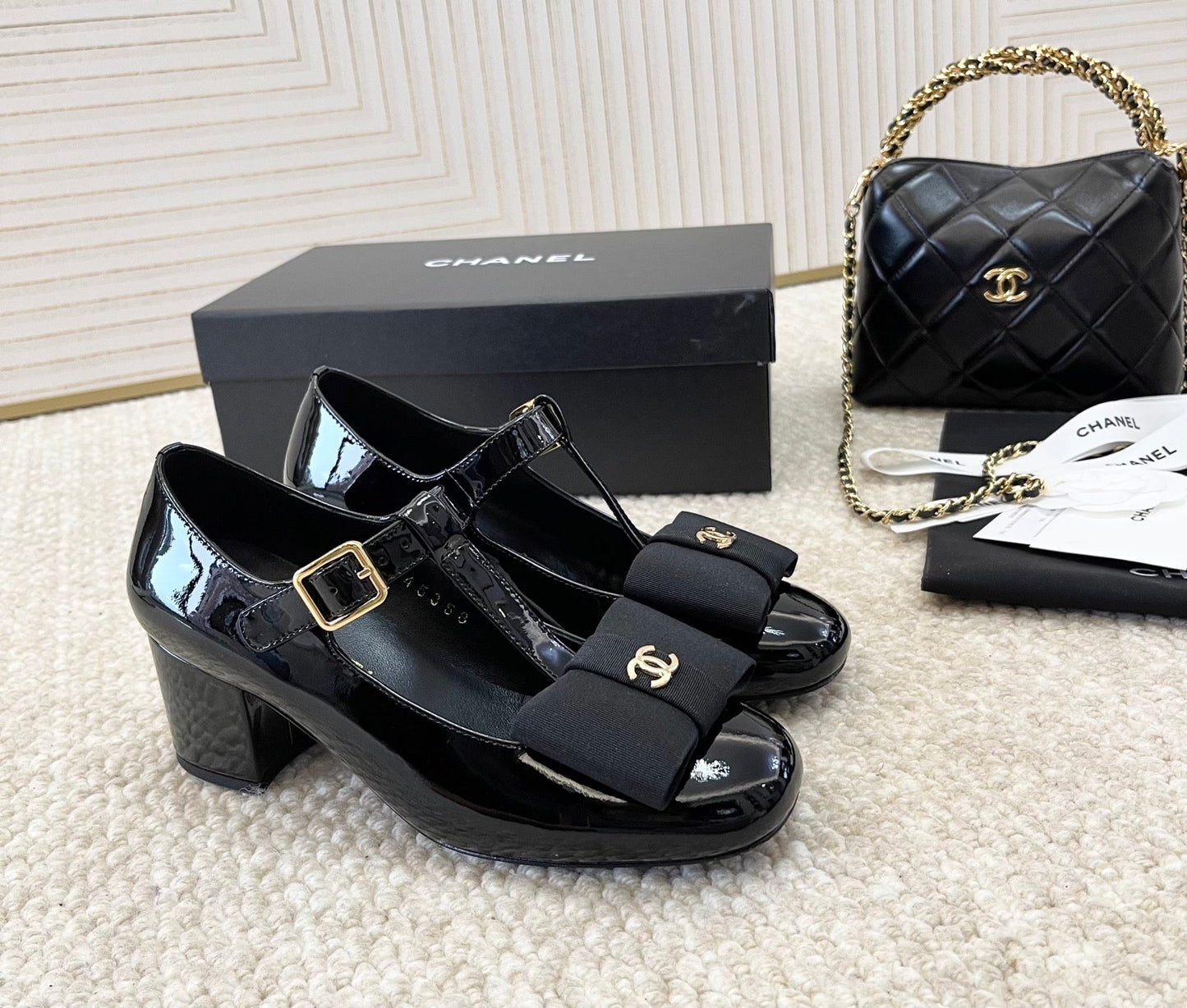 CC 26s Bow Mary Jane Chunky Heel 6cm Black Glossy Leather 787146