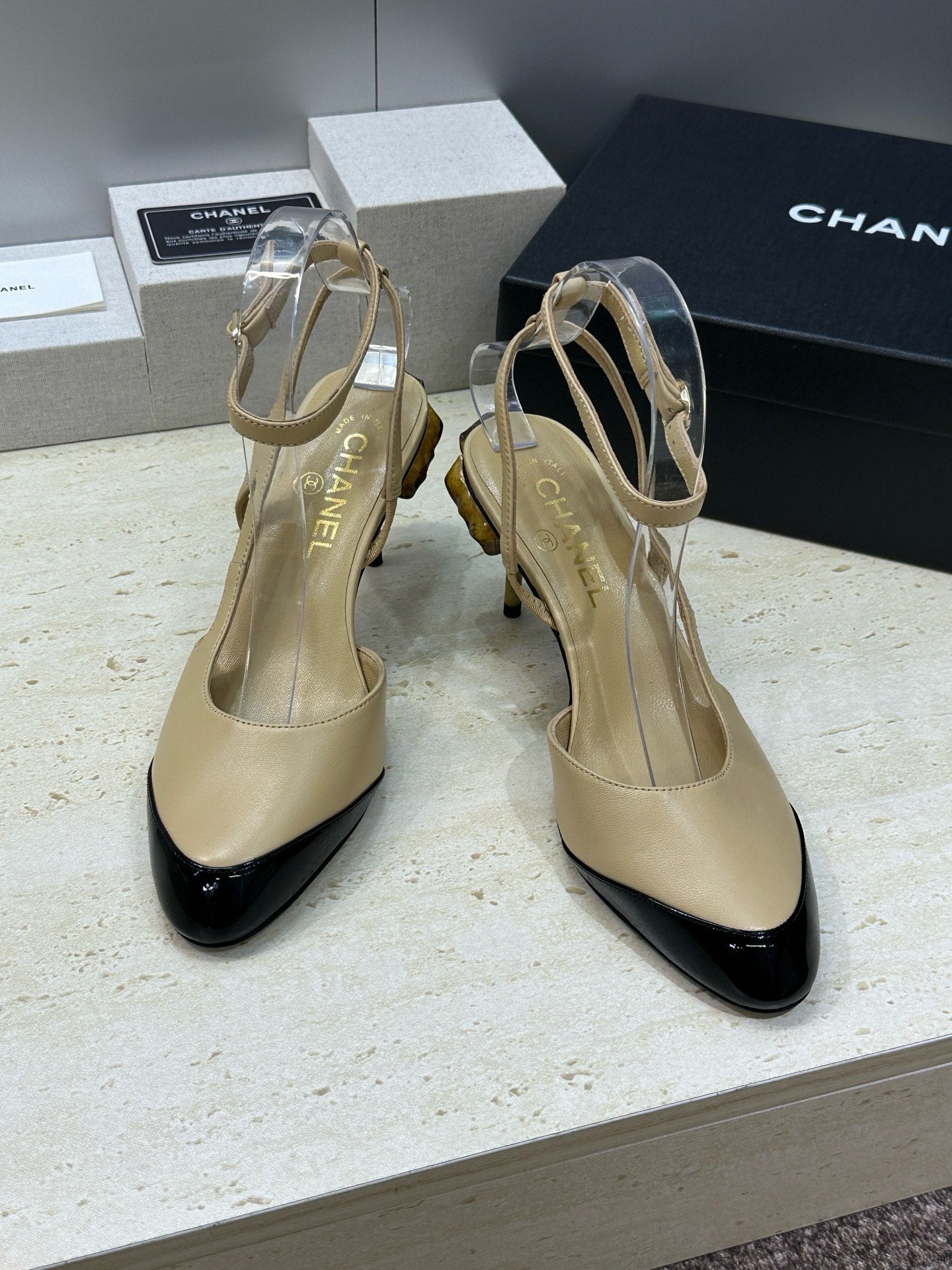 CC 2026 Couture Slingback Mushroom Heels Beige Patent Leather 787182