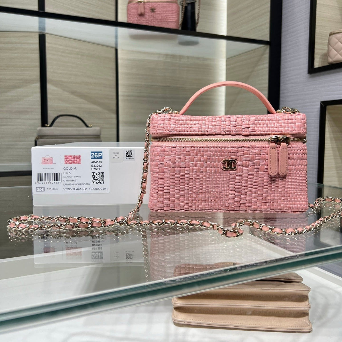 CC Top Handle Long Vanity Case 16cm Light Pink Woven Straw