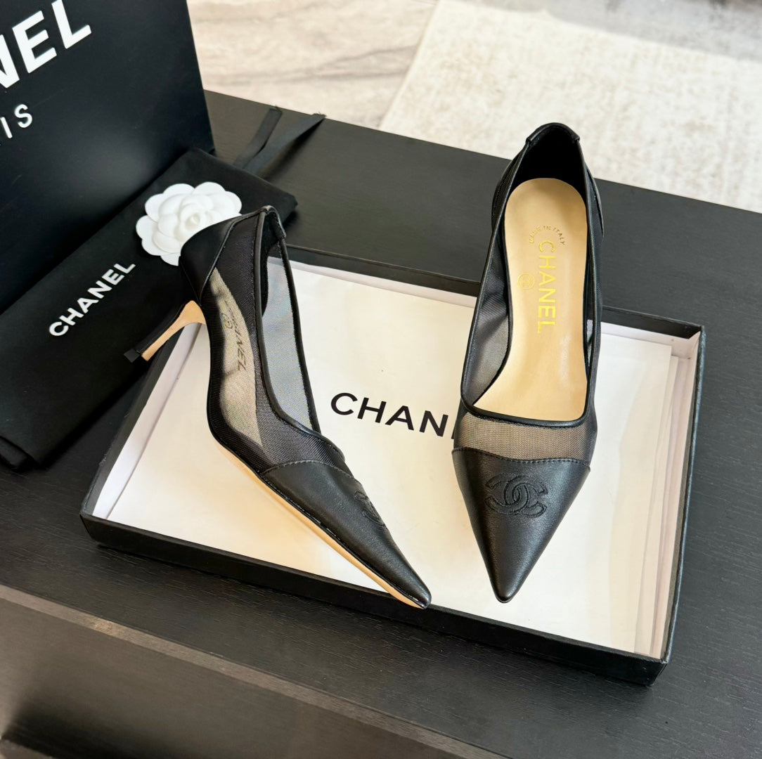 cc pump 6cm black transparent fabric lambskin