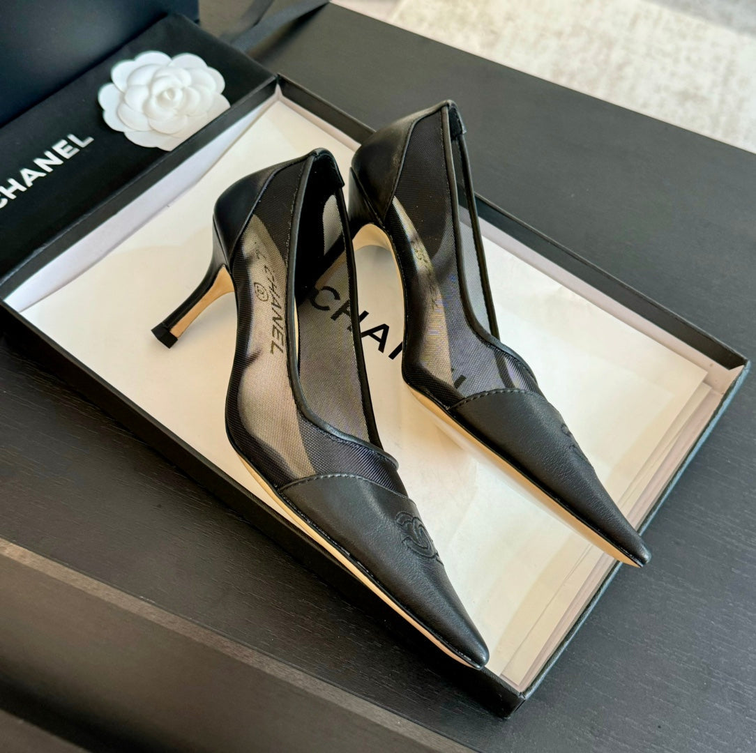 cc pump 6cm black transparent fabric lambskin