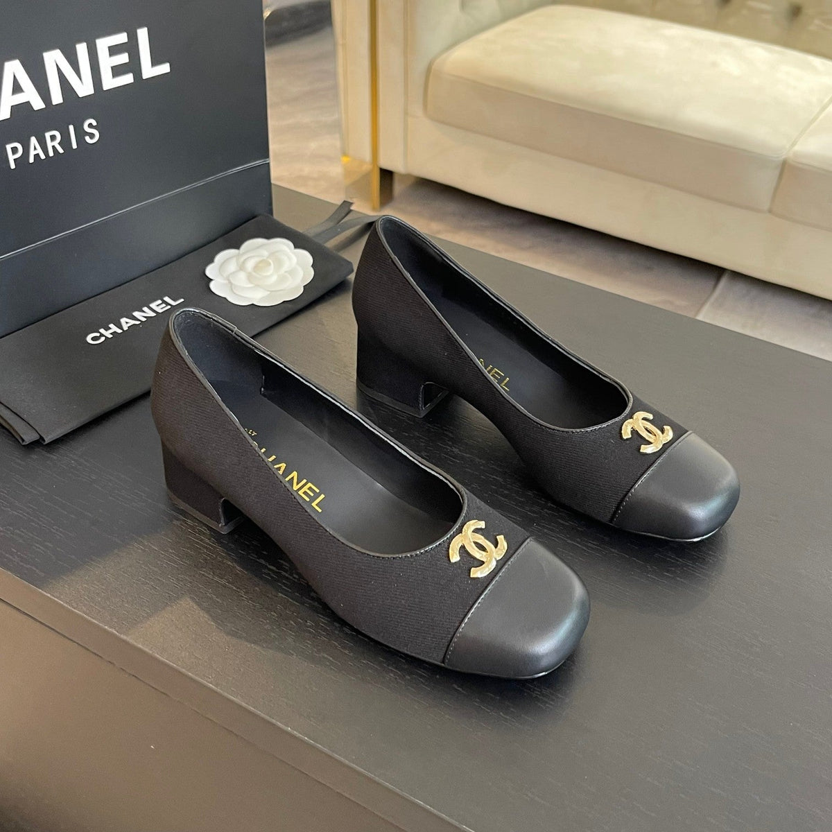 cc pump 50 black grosgrain calfskin