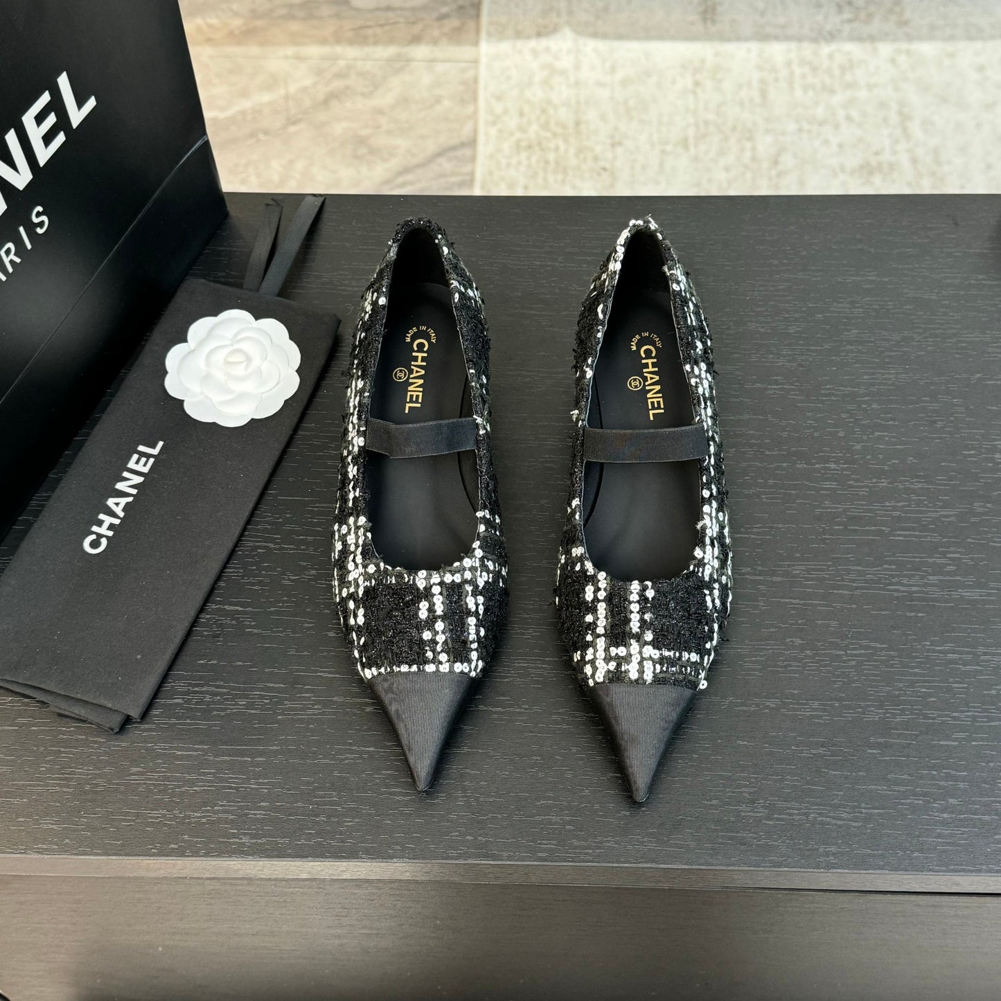 mary jane 35 pointed toe black white tweed sequin
