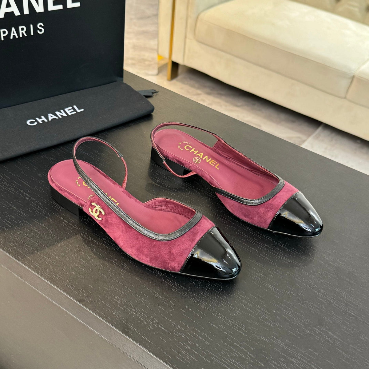 CC Slingback Black Dark Red Suede