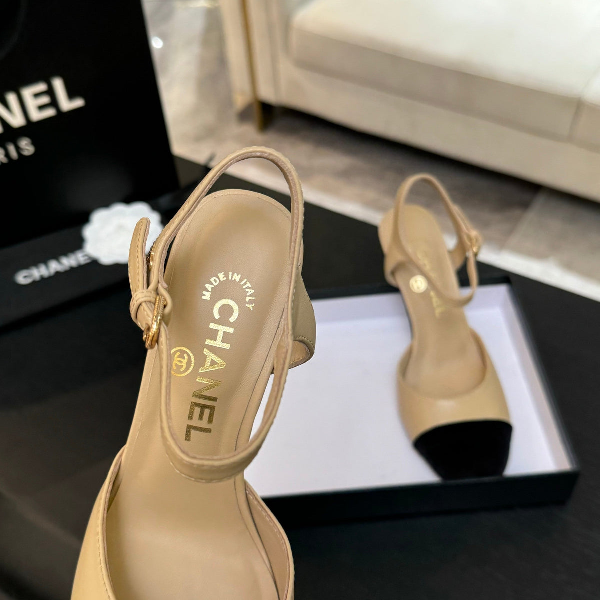 CC 25S Slingback 85mm Beige Calfskin Black Suede