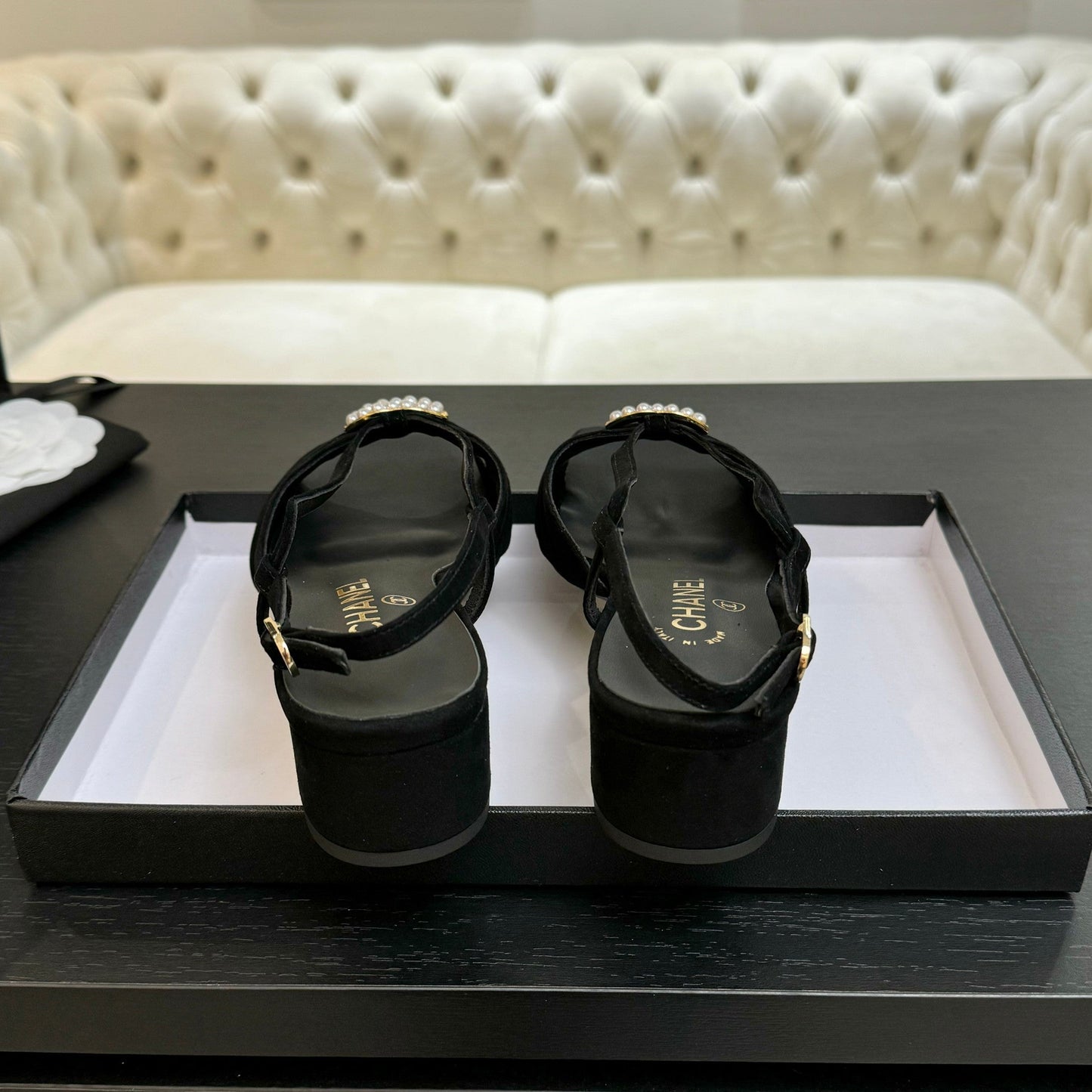 CC 25S Sandal Heel 50mm Black Suede Kidskin Pearl Logo