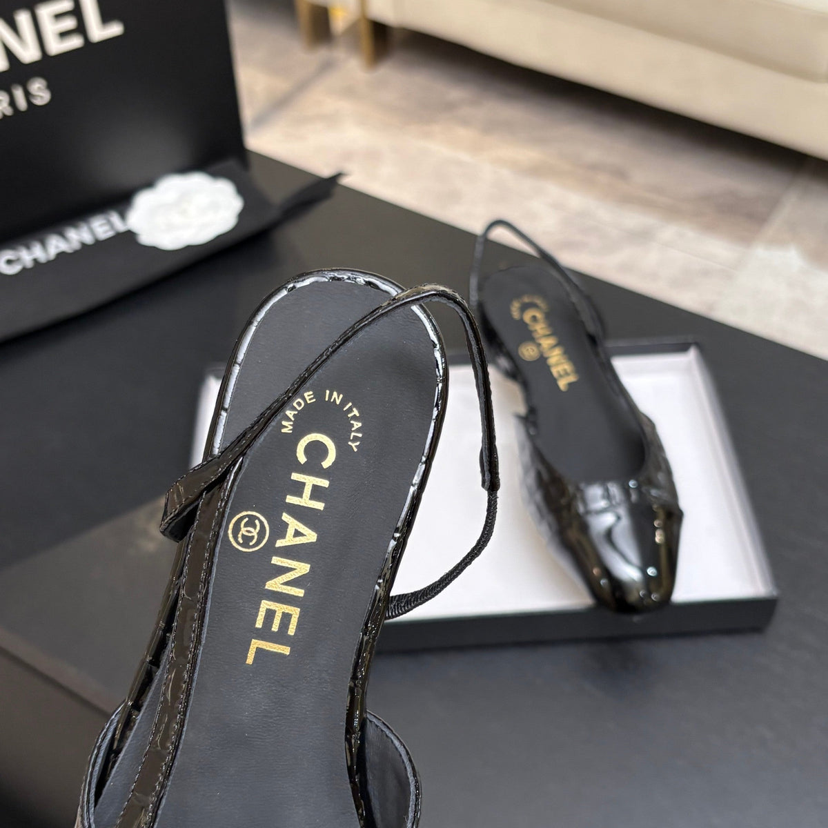 CC 26s Classic Slingback Flat Black Crocodile Embossed Patent Leather 907637