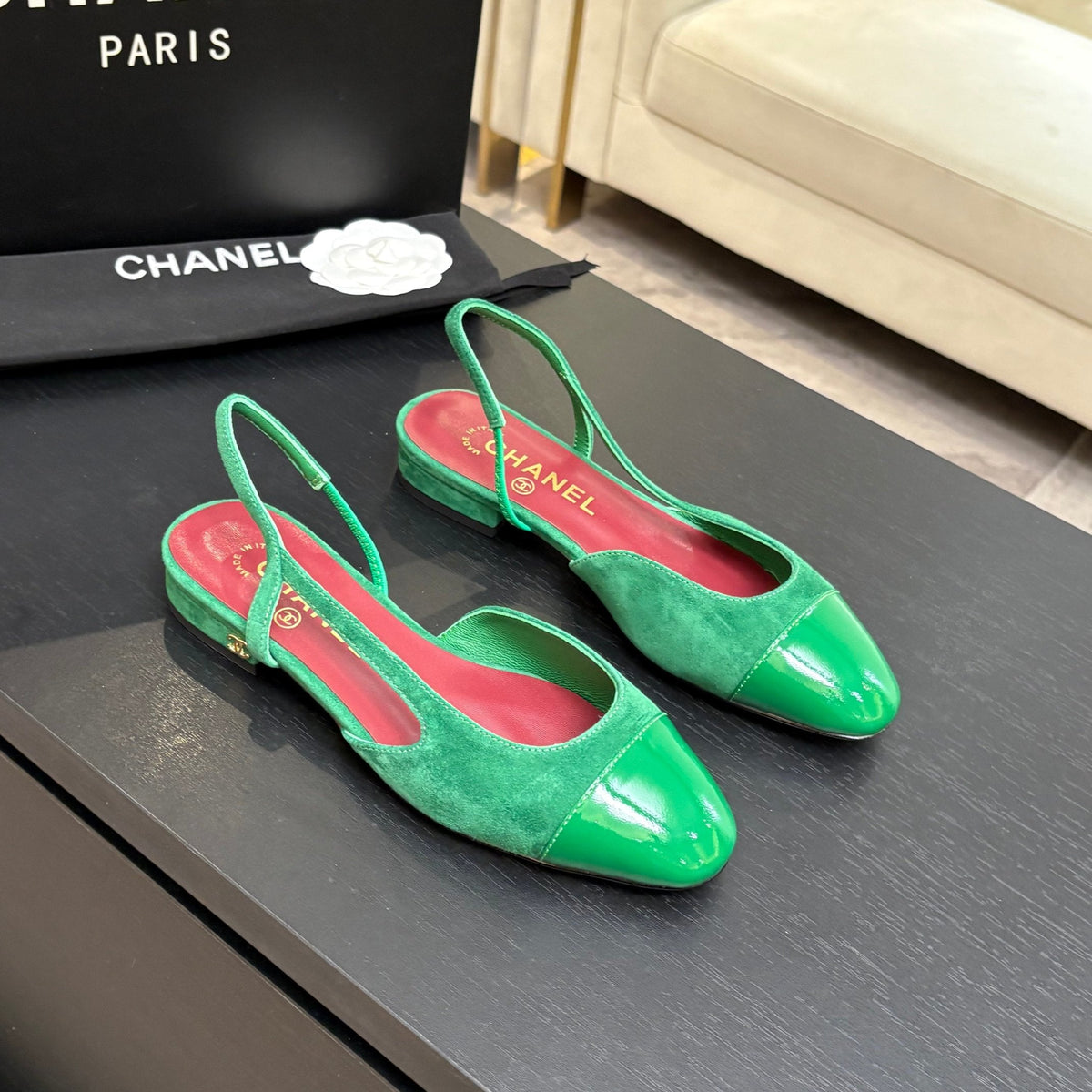 CC 26s Classic Slingback Flat Green Suede Patent Leather 907644