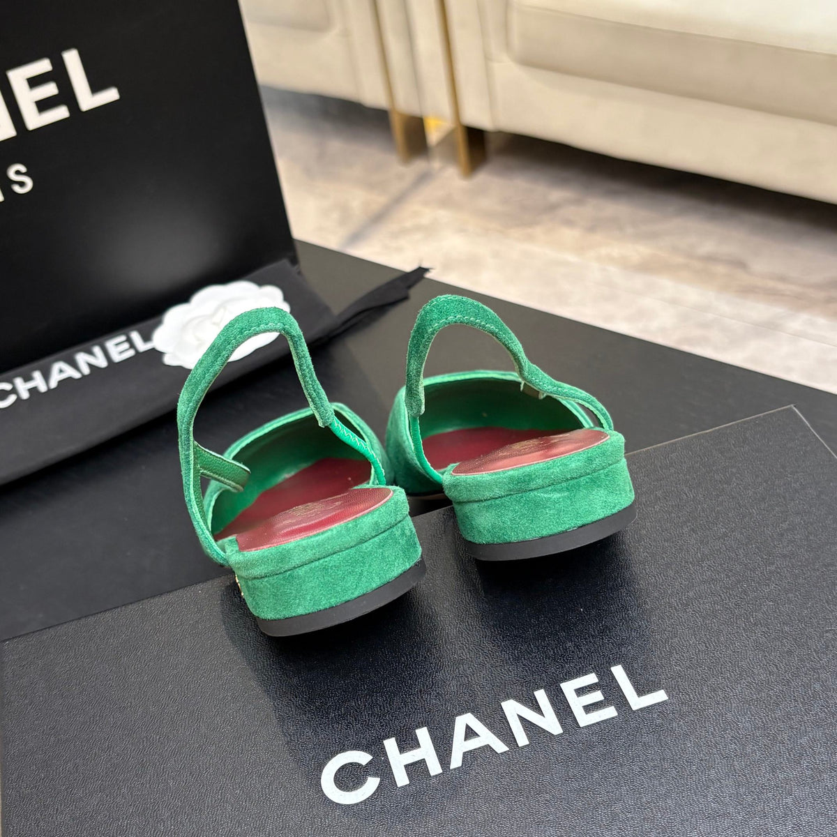 CC 26s Classic Slingback Flat Green Suede Patent Leather 907644